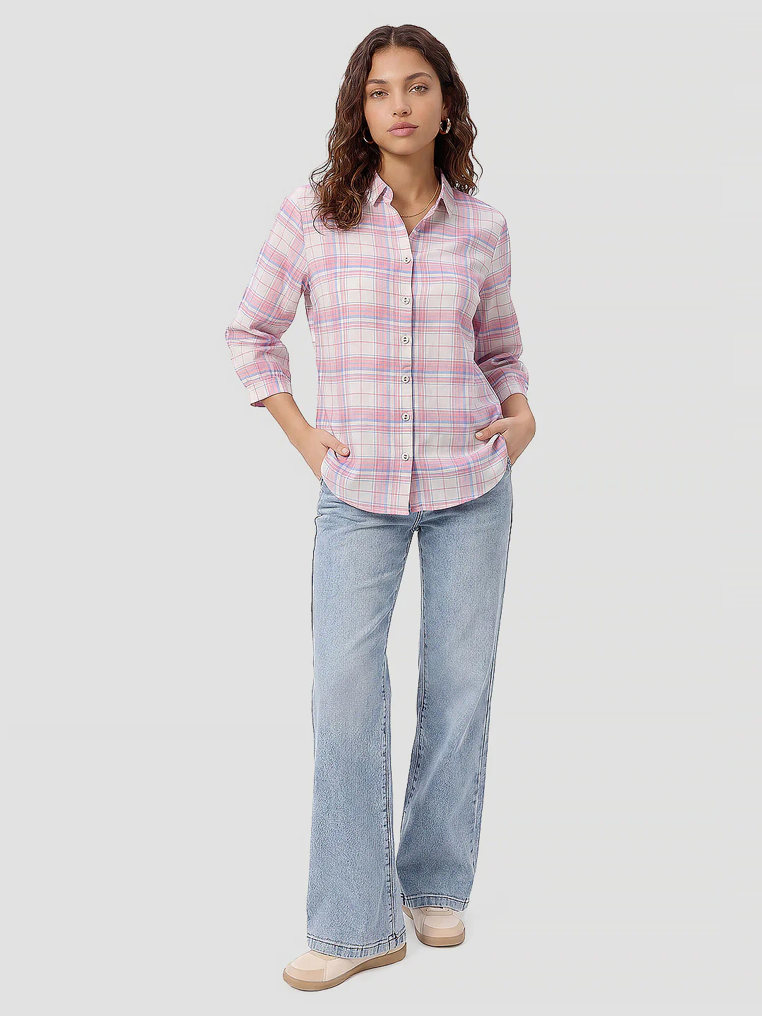 Women Pink/White Checked Shirt - Image 4