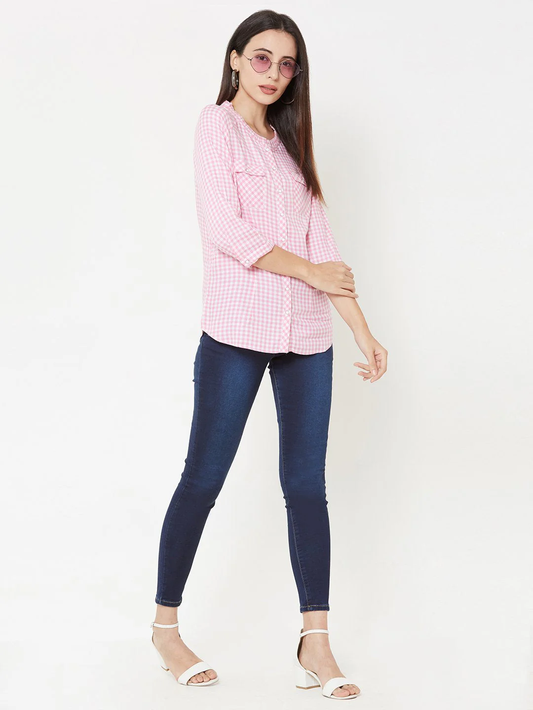 Women Pink/White Checked Top