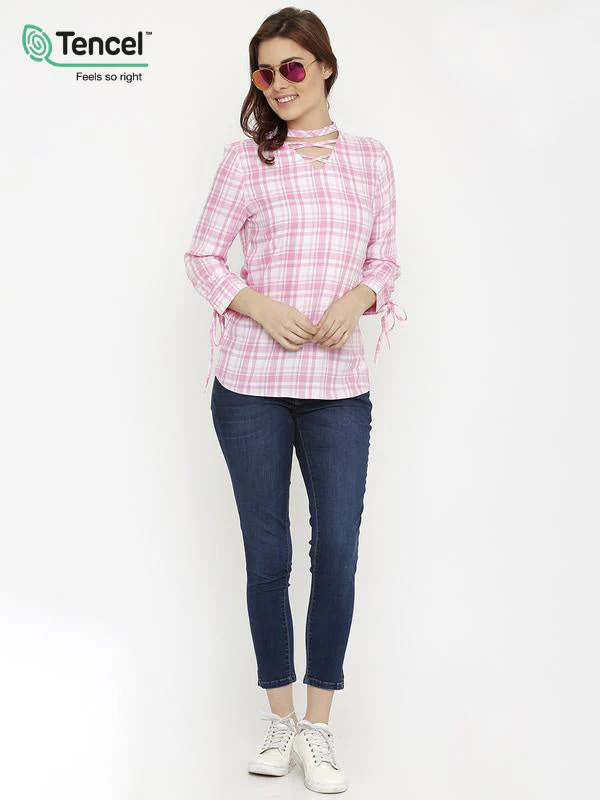 Women Pink/White Checks Top