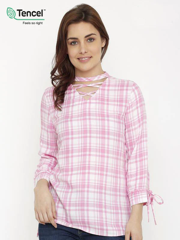 Women Pink/White Checks Top - Image 2