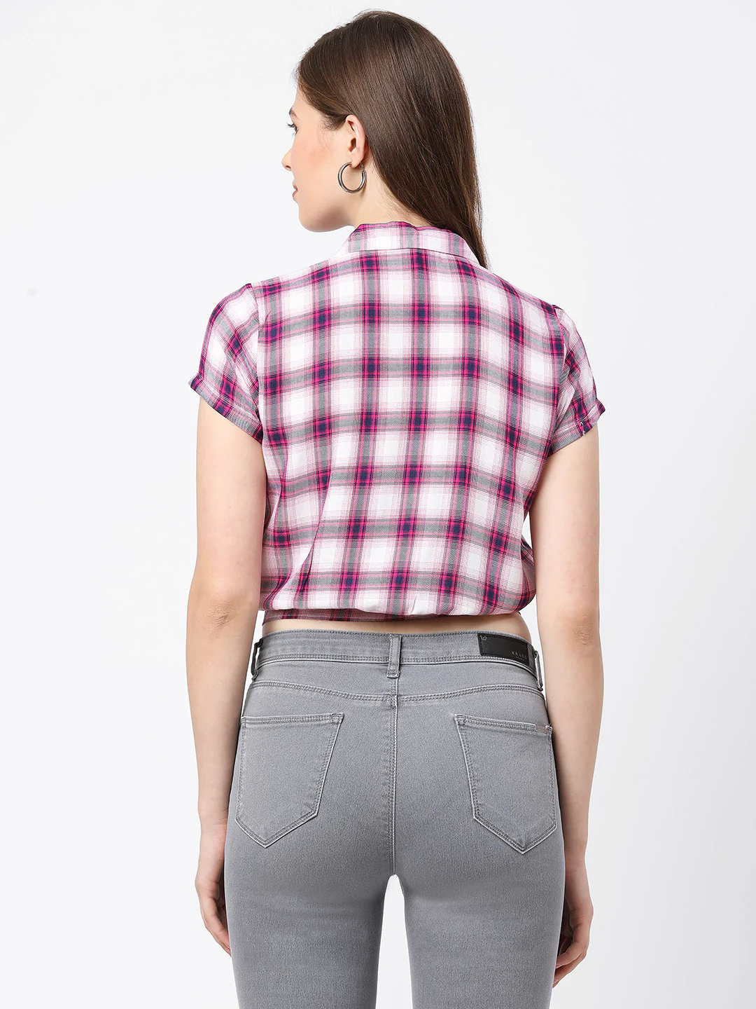 Women Pink/White Crop Checks Shirt - Image 3
