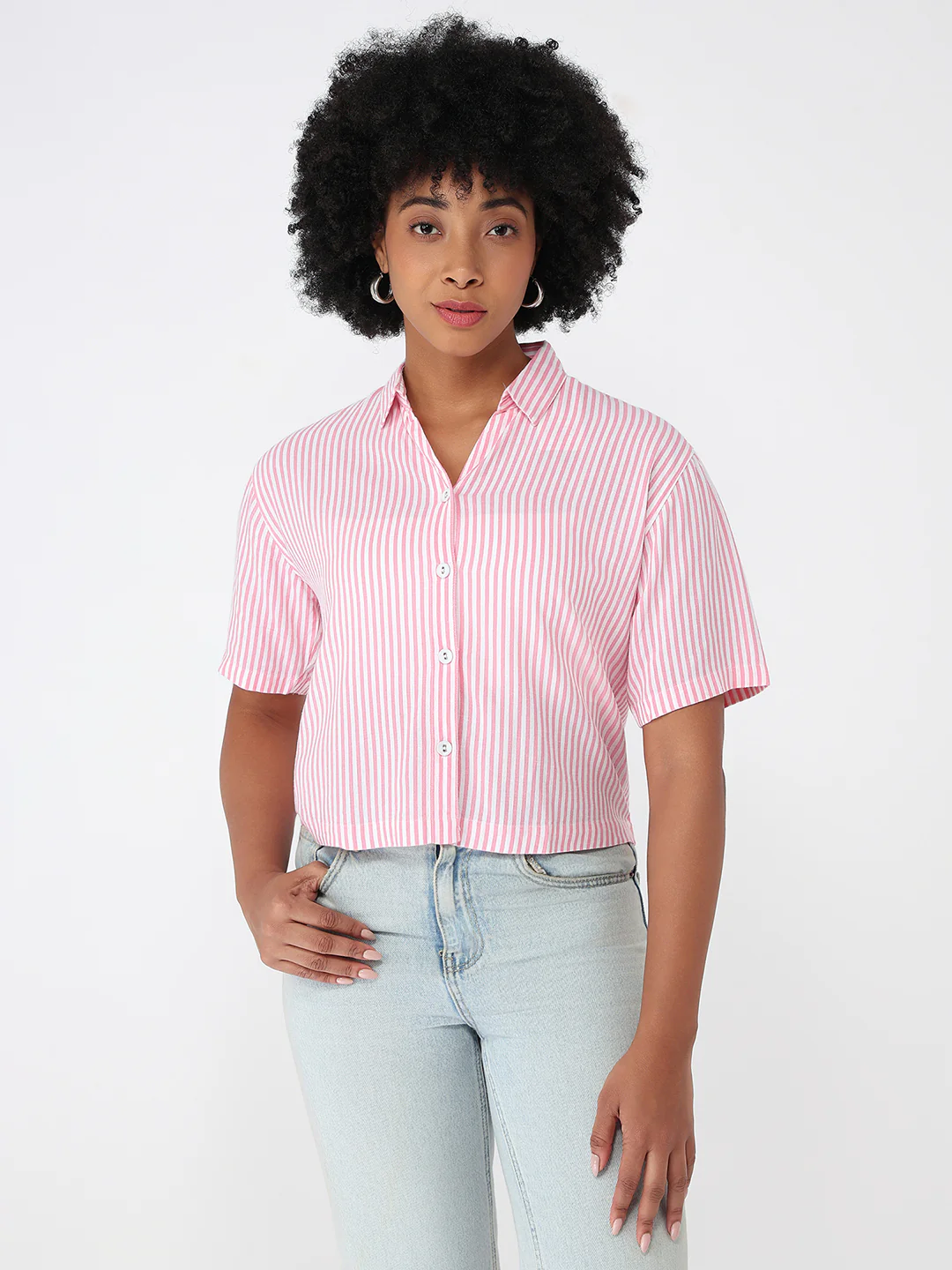 Women Pink/White Crop Slim Shirt - Image 2