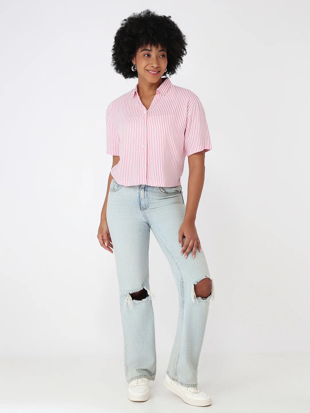 Women Pink/White Crop Slim Shirt - Image 4