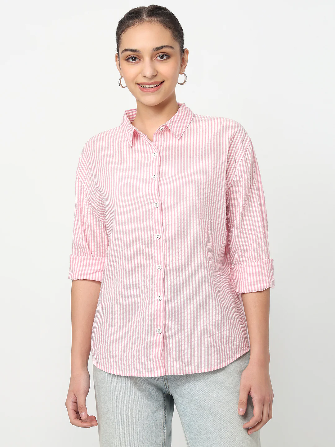 Women Pink/White Oversized Shirt - Image 2