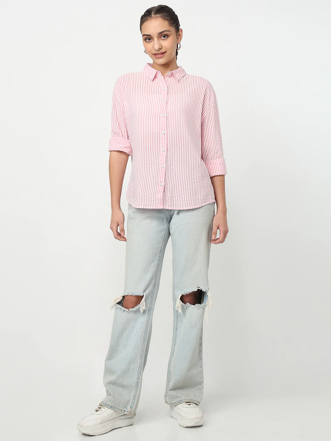 Women Pink/White Oversized Shirt - Image 4