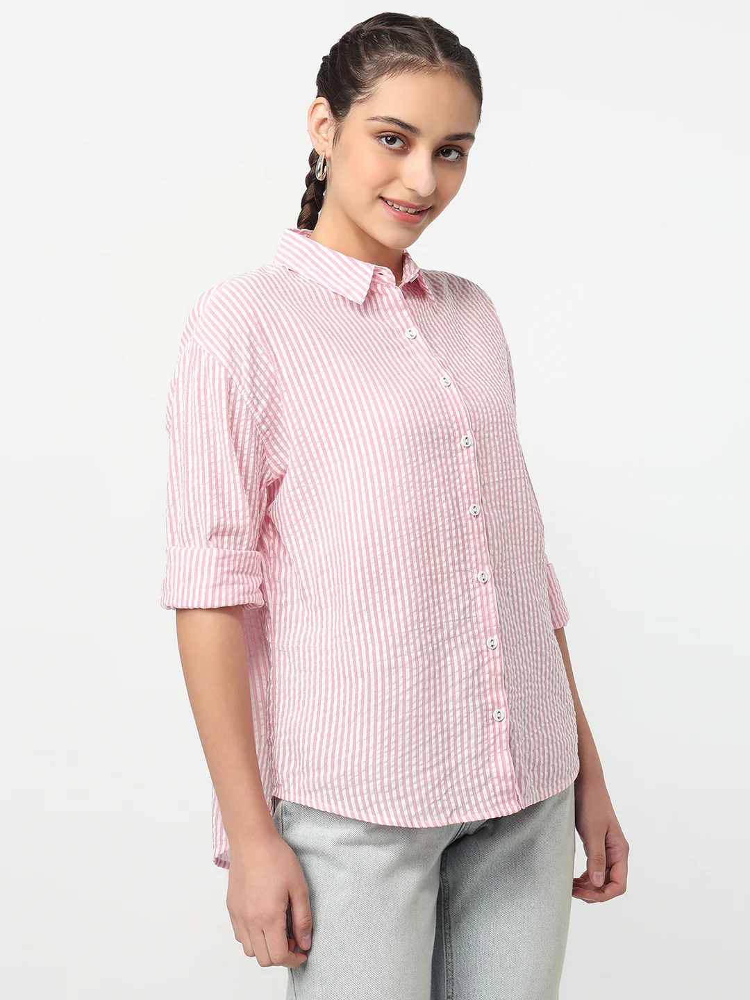 Women Pink/White Oversized Shirt - Image 5