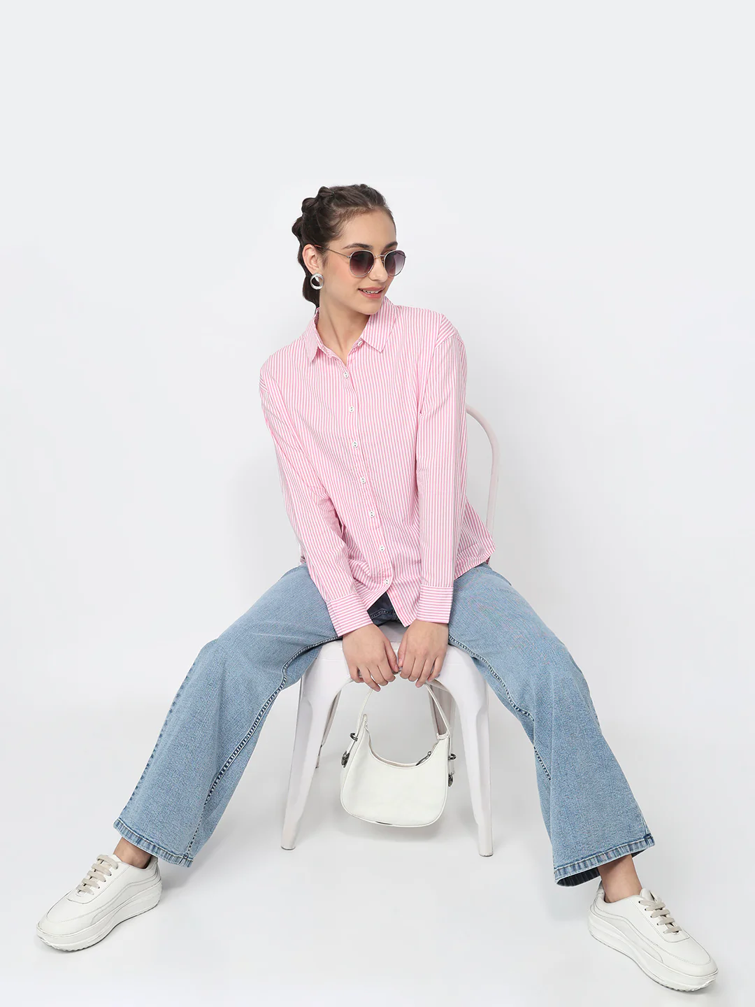 Women Pink/White Oversized Shirt