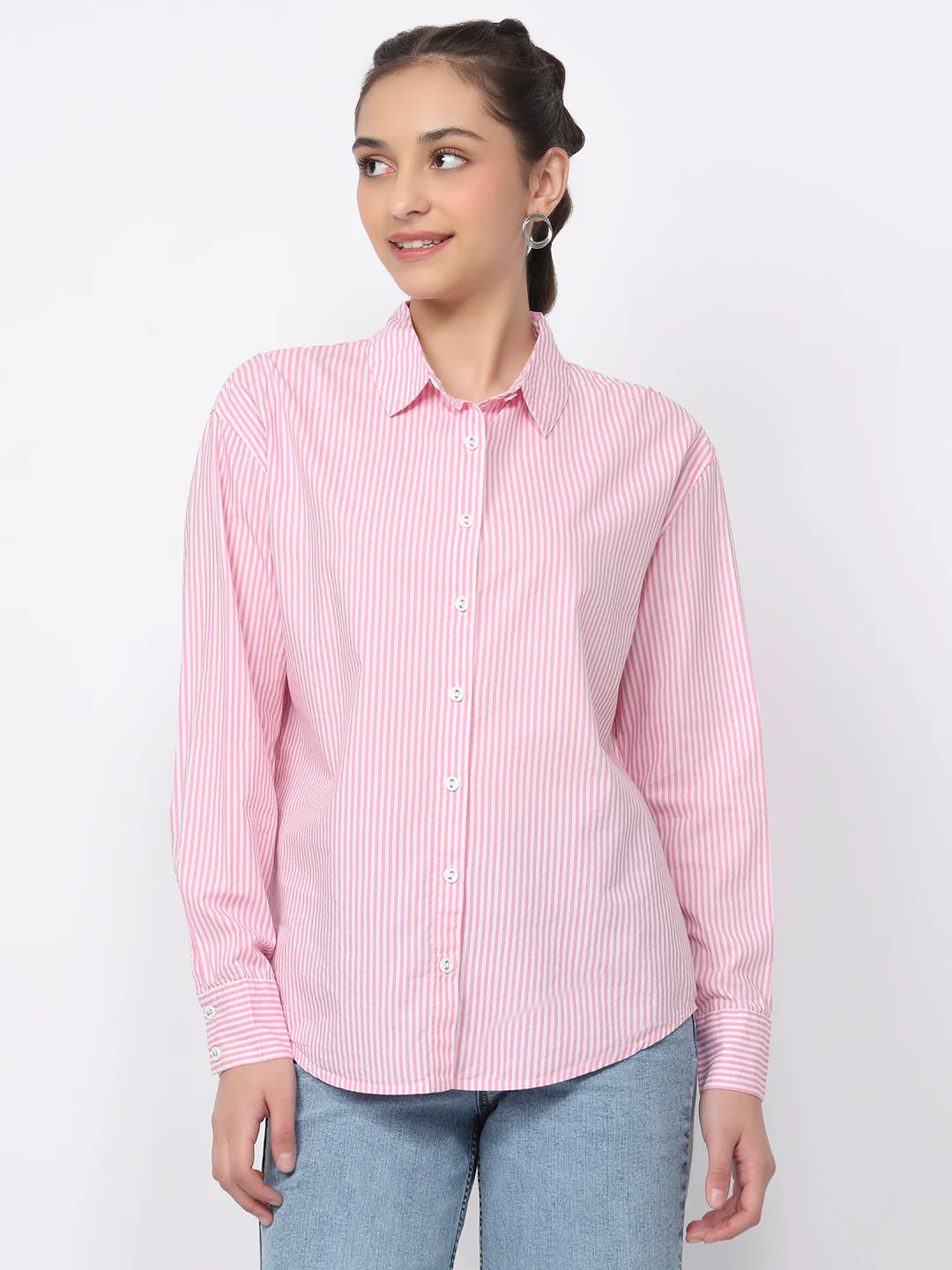 Women Pink/White Oversized Shirt - Image 2