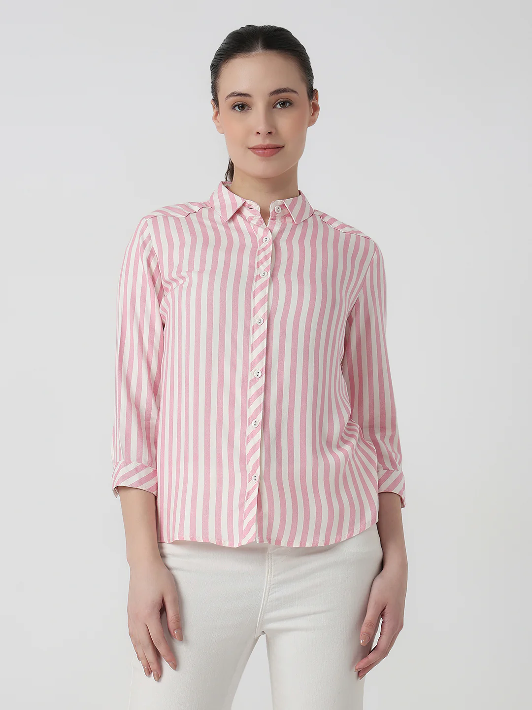 Women Pink/White Slim Fit Shirt - Image 2