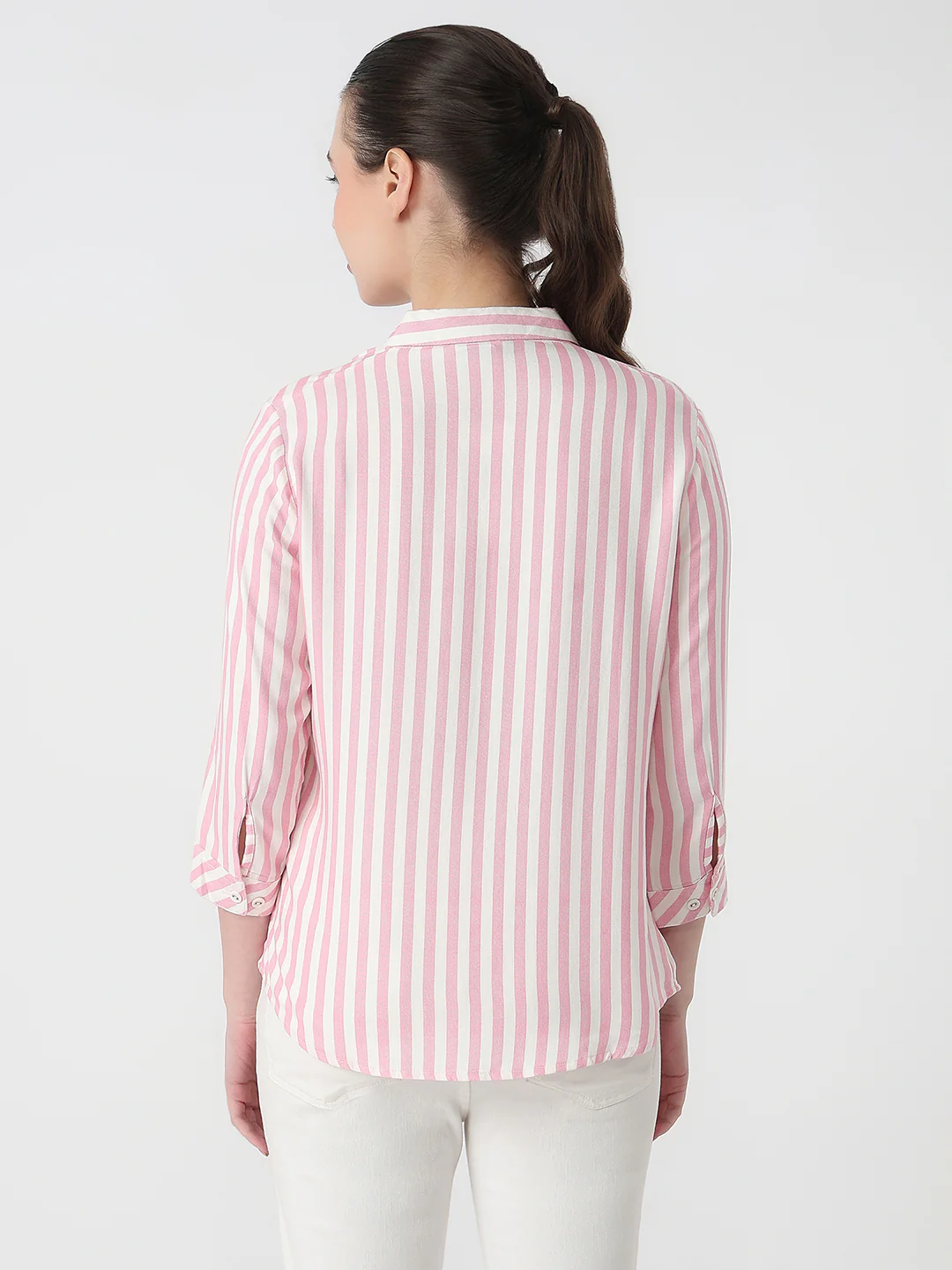 Women Pink/White Slim Fit Shirt - Image 3