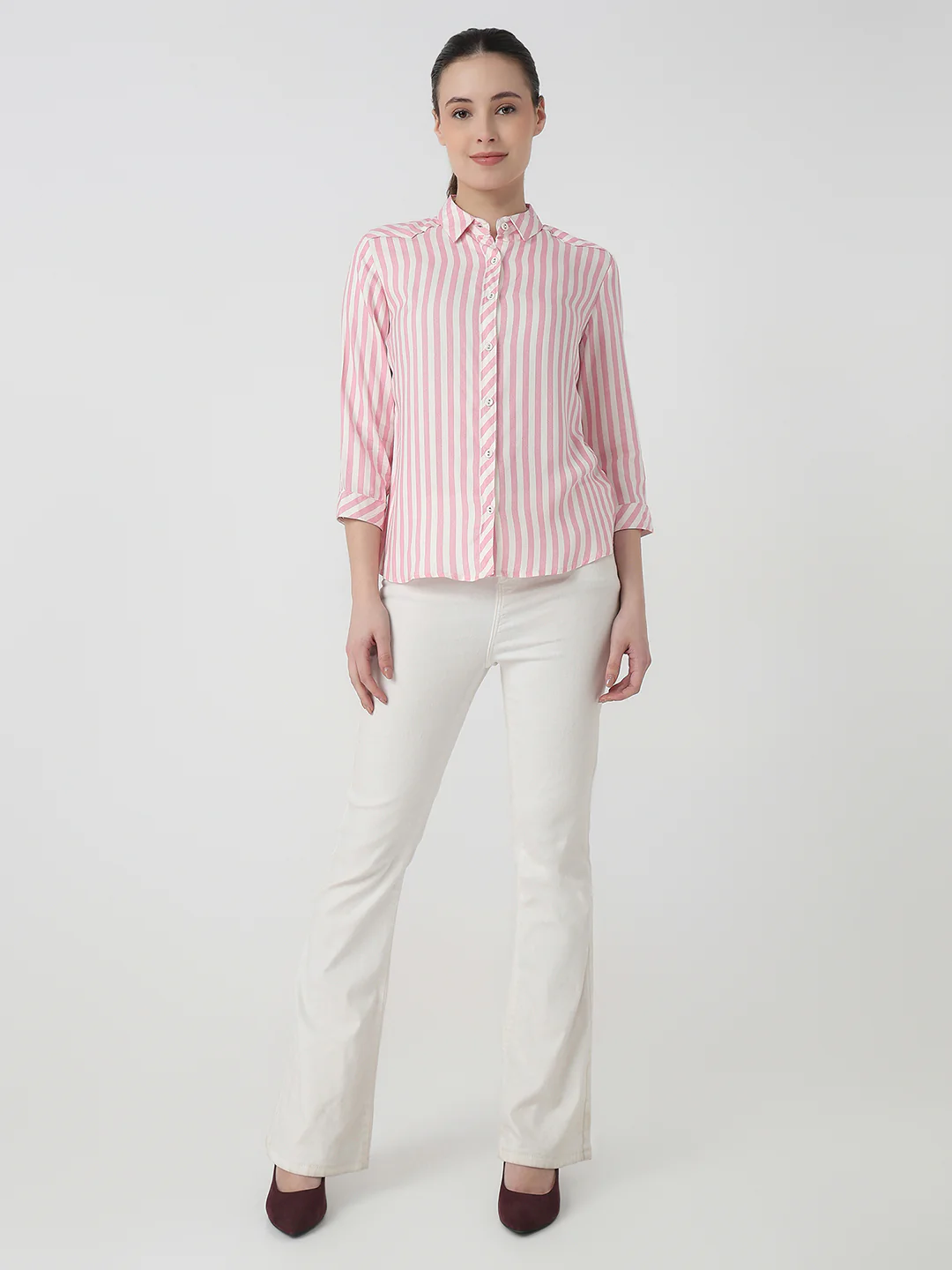 Women Pink/White Slim Fit Shirt - Image 4