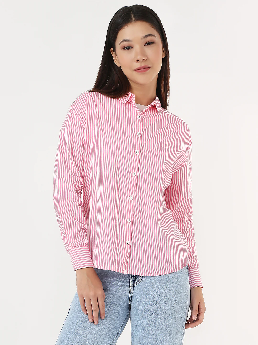 Women Pink/White Slim Oversized Shirt - Image 2
