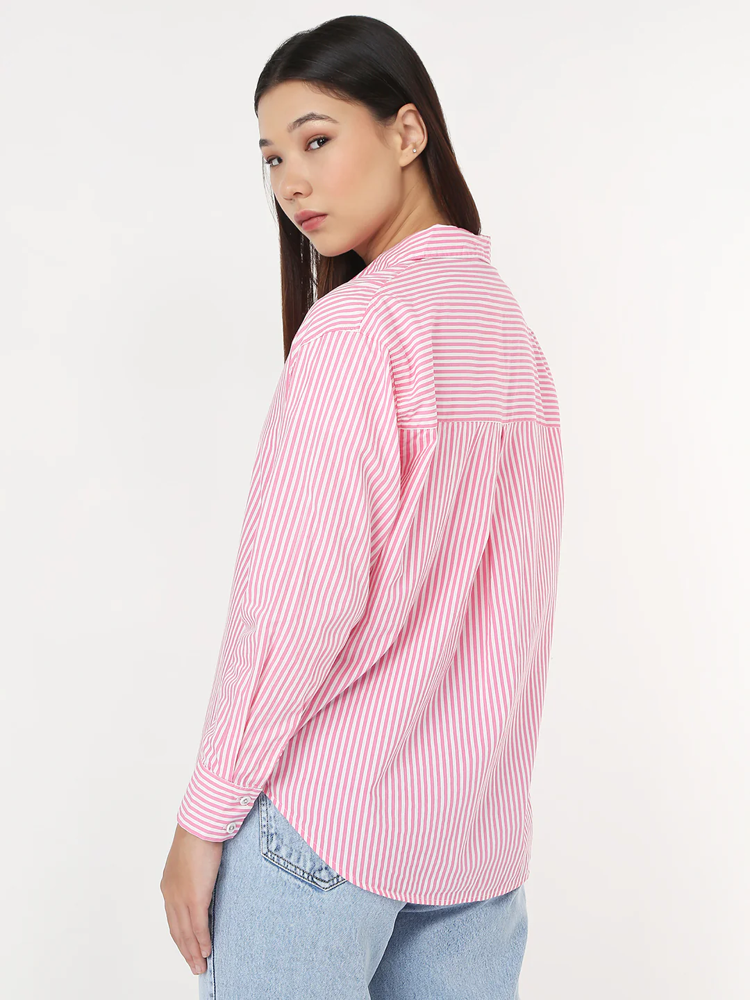 Women Pink/White Slim Oversized Shirt - Image 3
