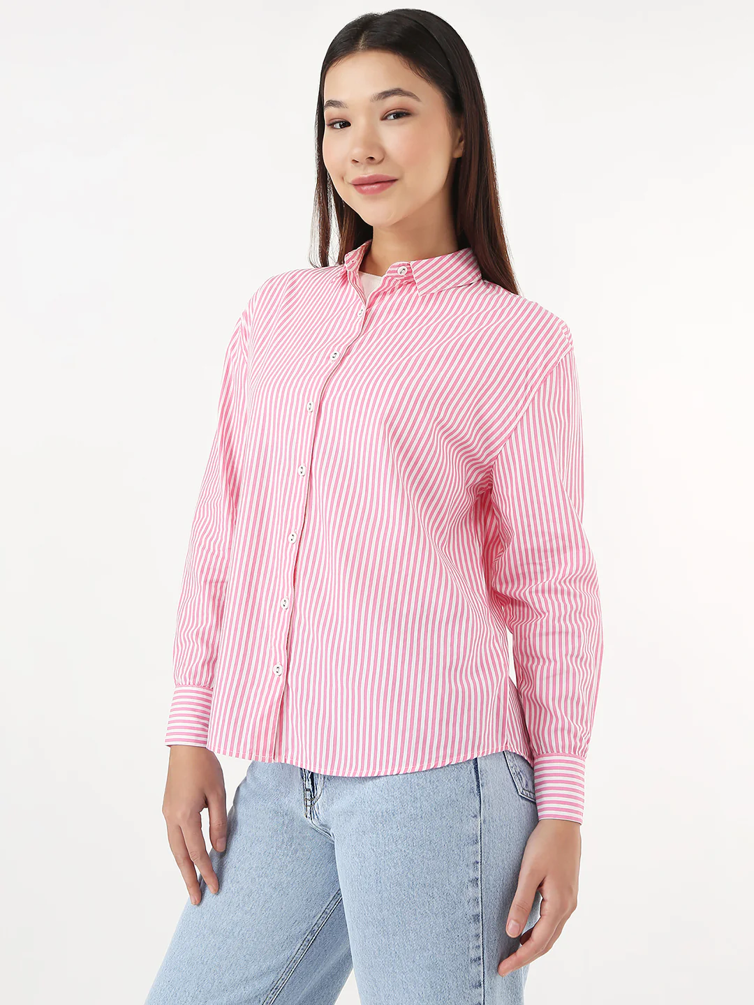 Women Pink/White Slim Oversized Shirt - Image 4