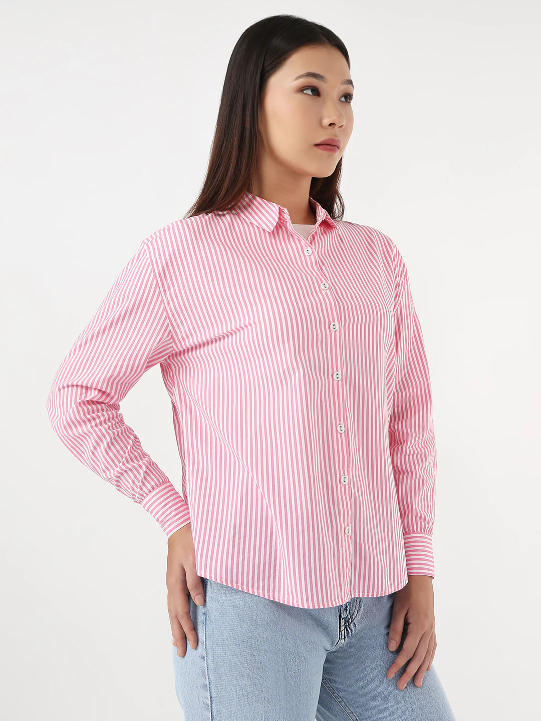 Women Pink/White Slim Oversized Shirt - Image 5