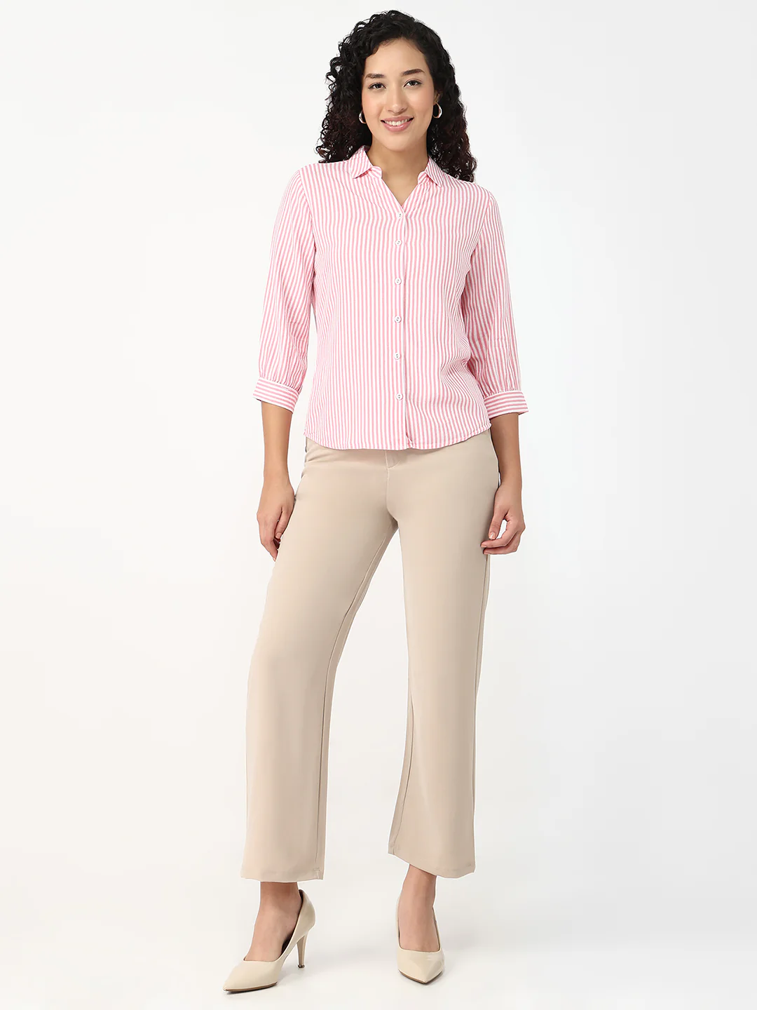 Women Pink/White Slim Shirt - Image 4
