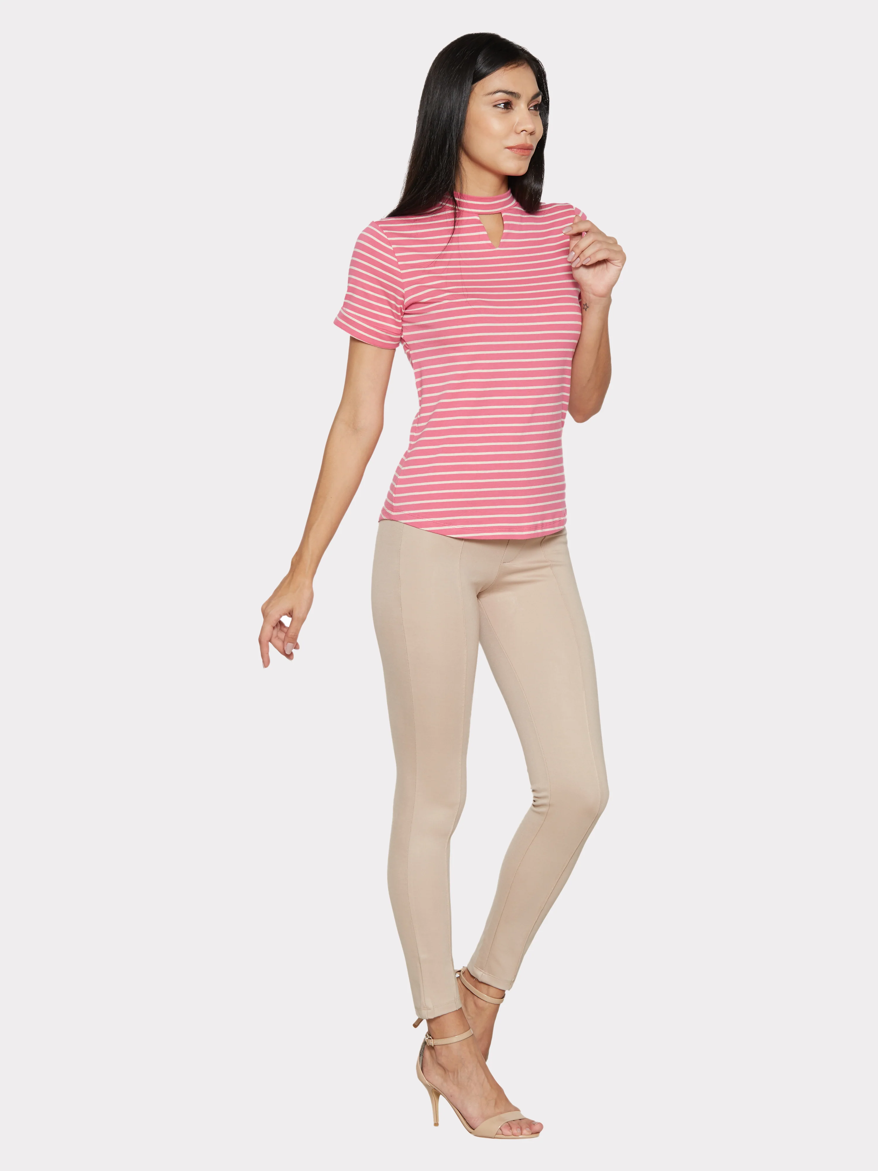 Women Pink/White Slim T-Shirt