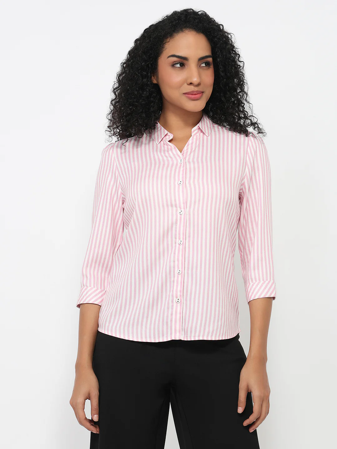 Women Pink/White Striped Shirt - Image 2