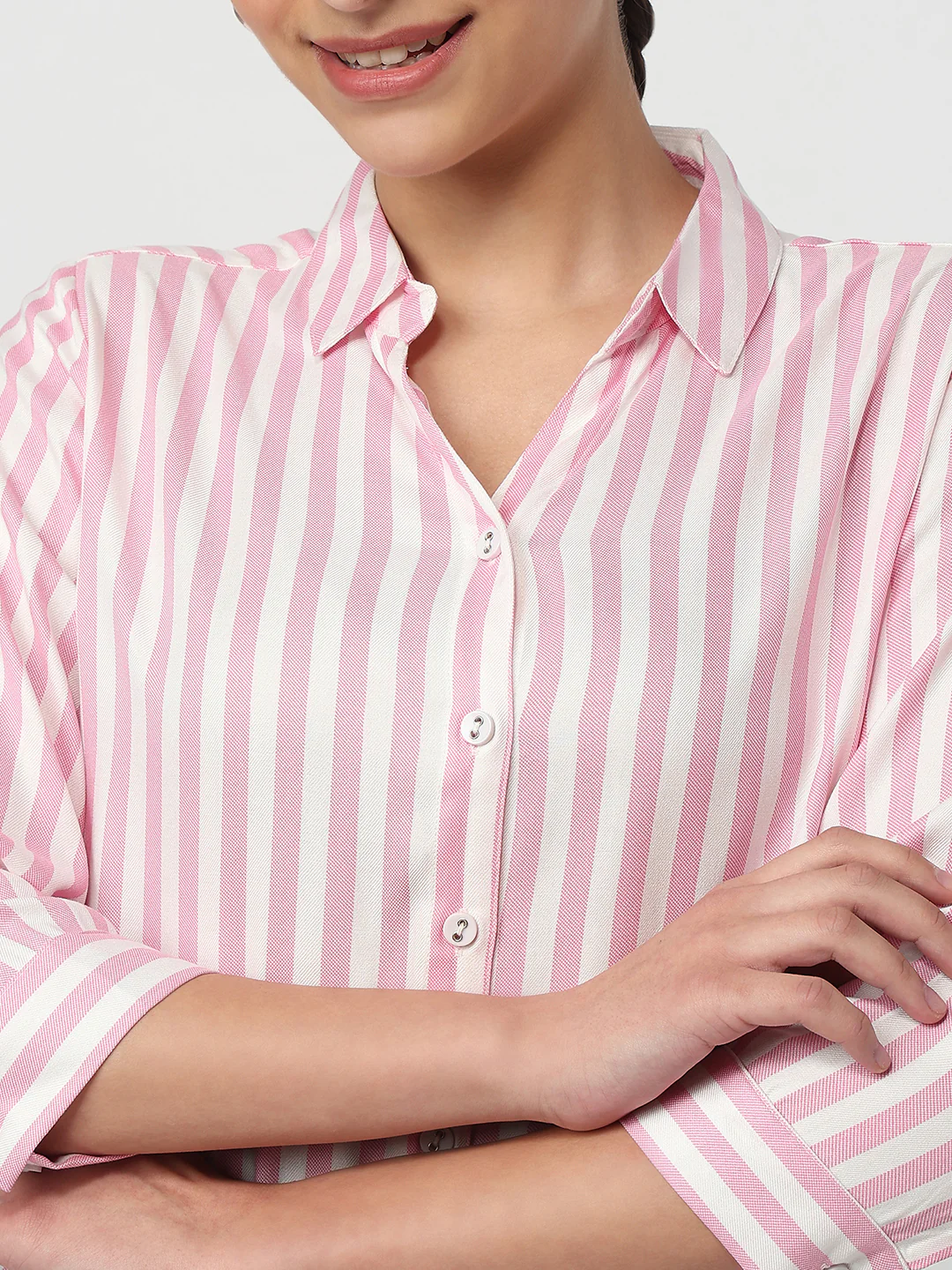 Women Pink/White Striped Shirt - Image 6