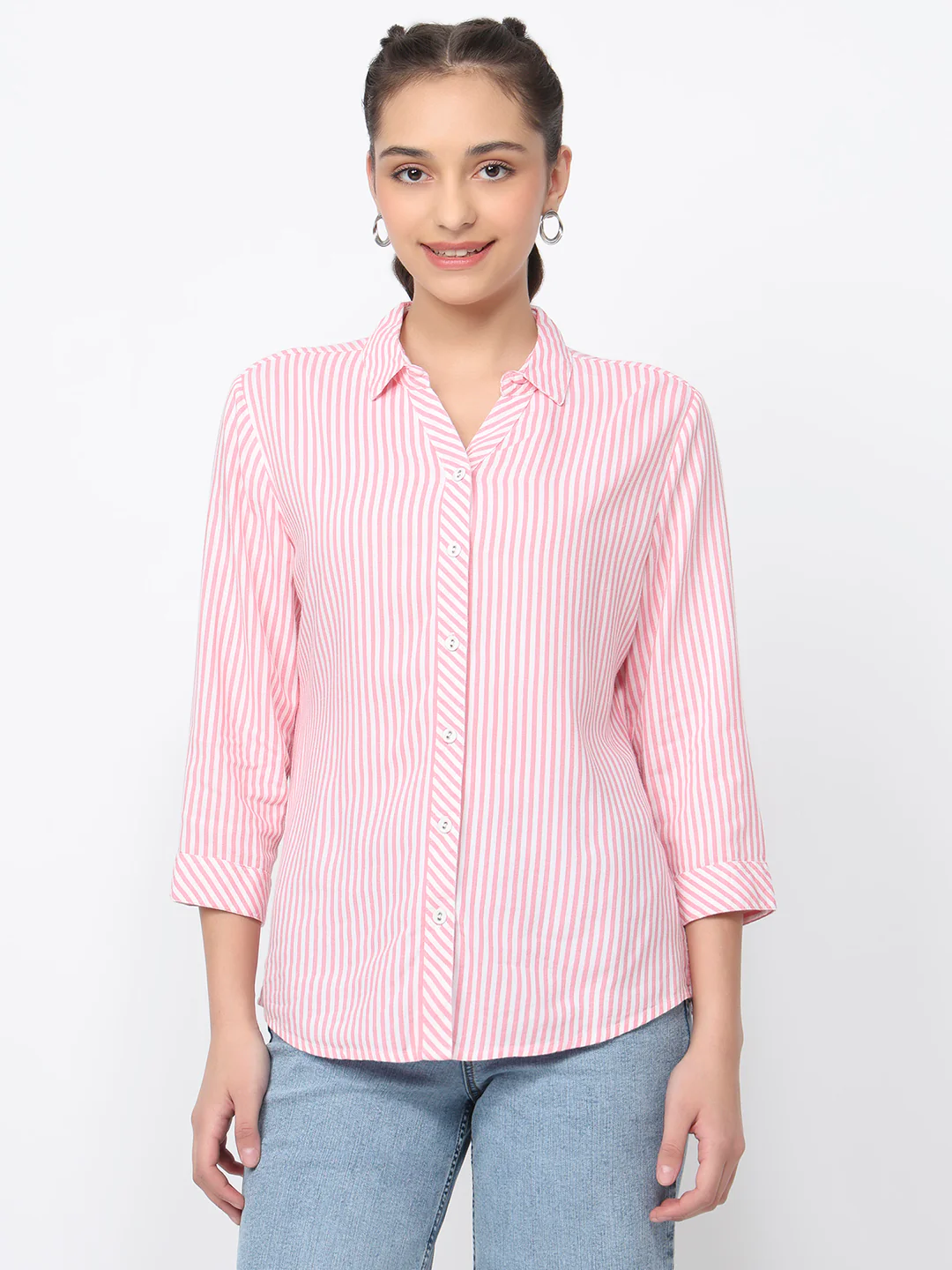 Women Pink/White Striped Shirt - Image 2