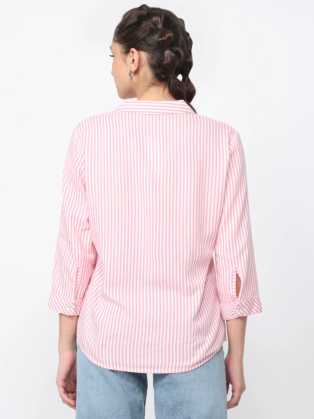 Women Pink/White Striped Shirt - Image 3