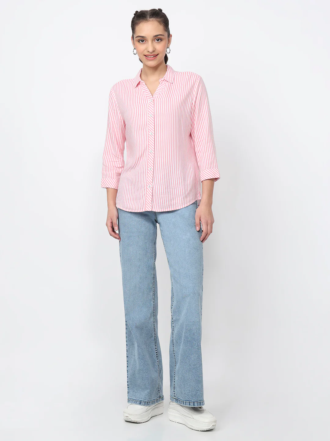 Women Pink/White Striped Shirt - Image 4