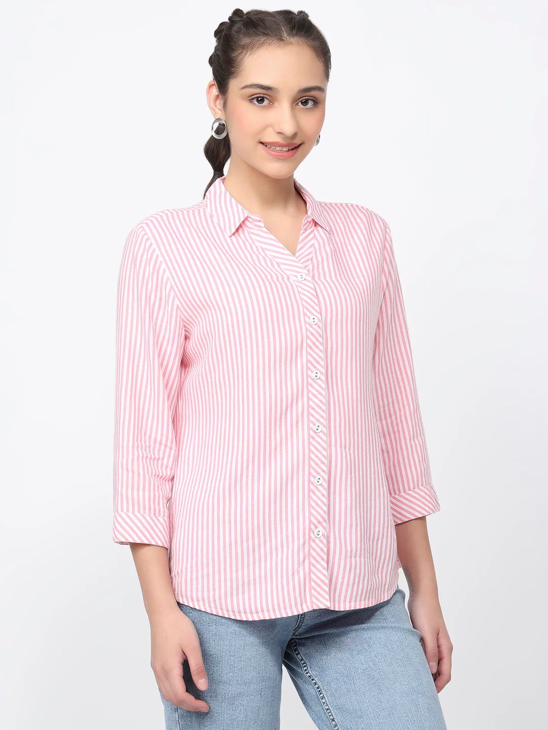 Women Pink/White Striped Shirt - Image 5