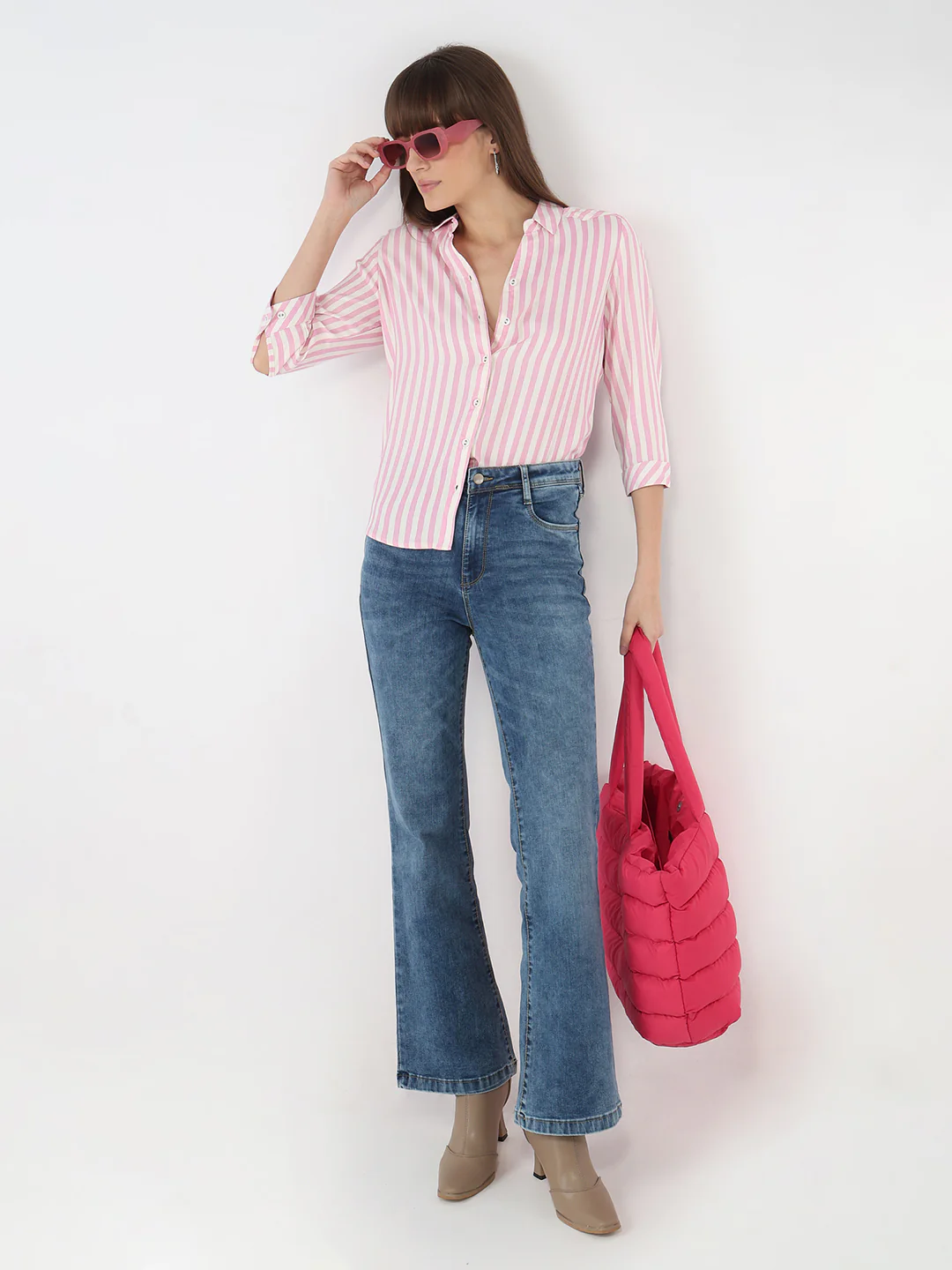 Women Pink/White Striped Slim Shirt