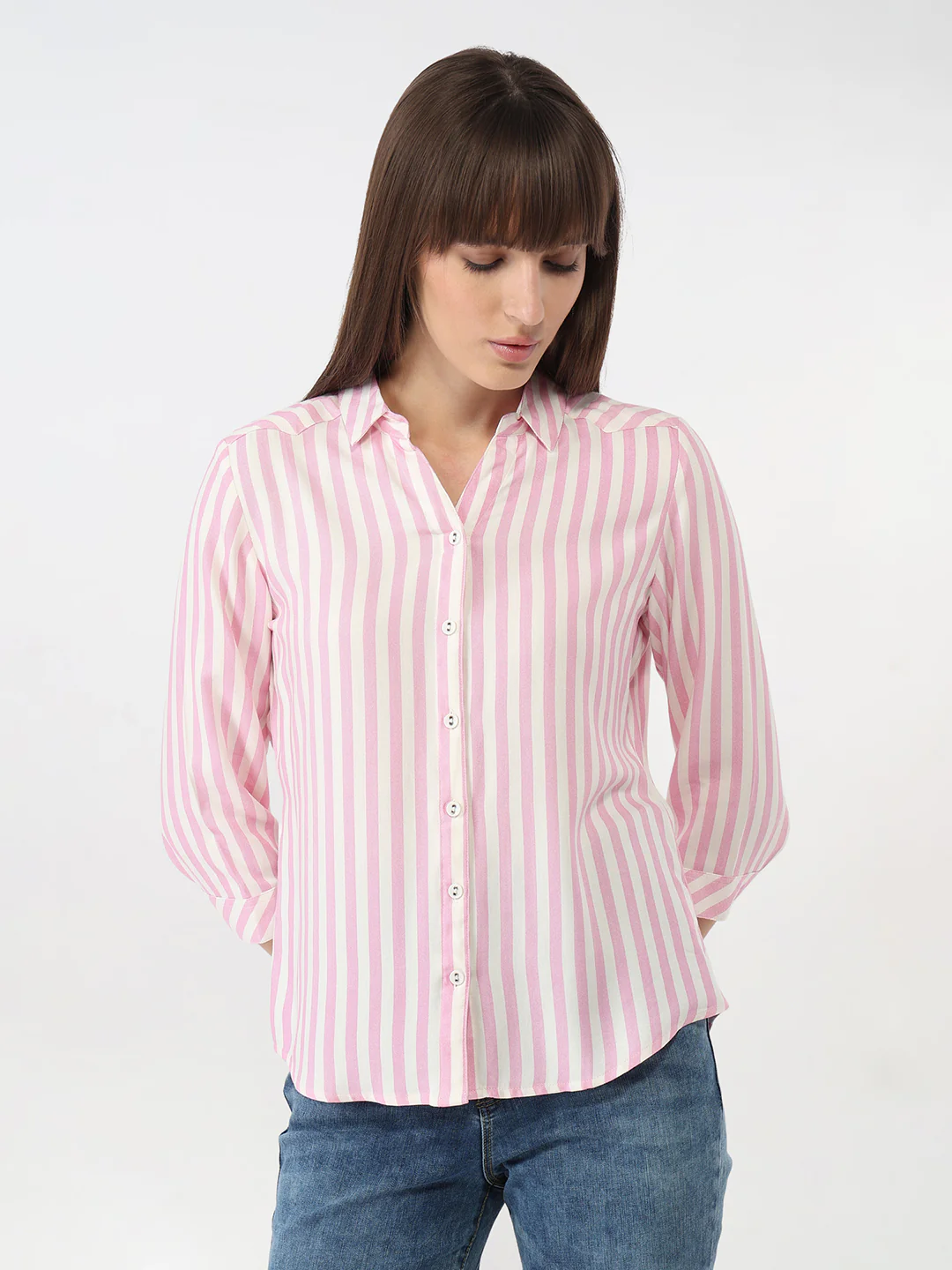 Women Pink/White Striped Slim Shirt - Image 2