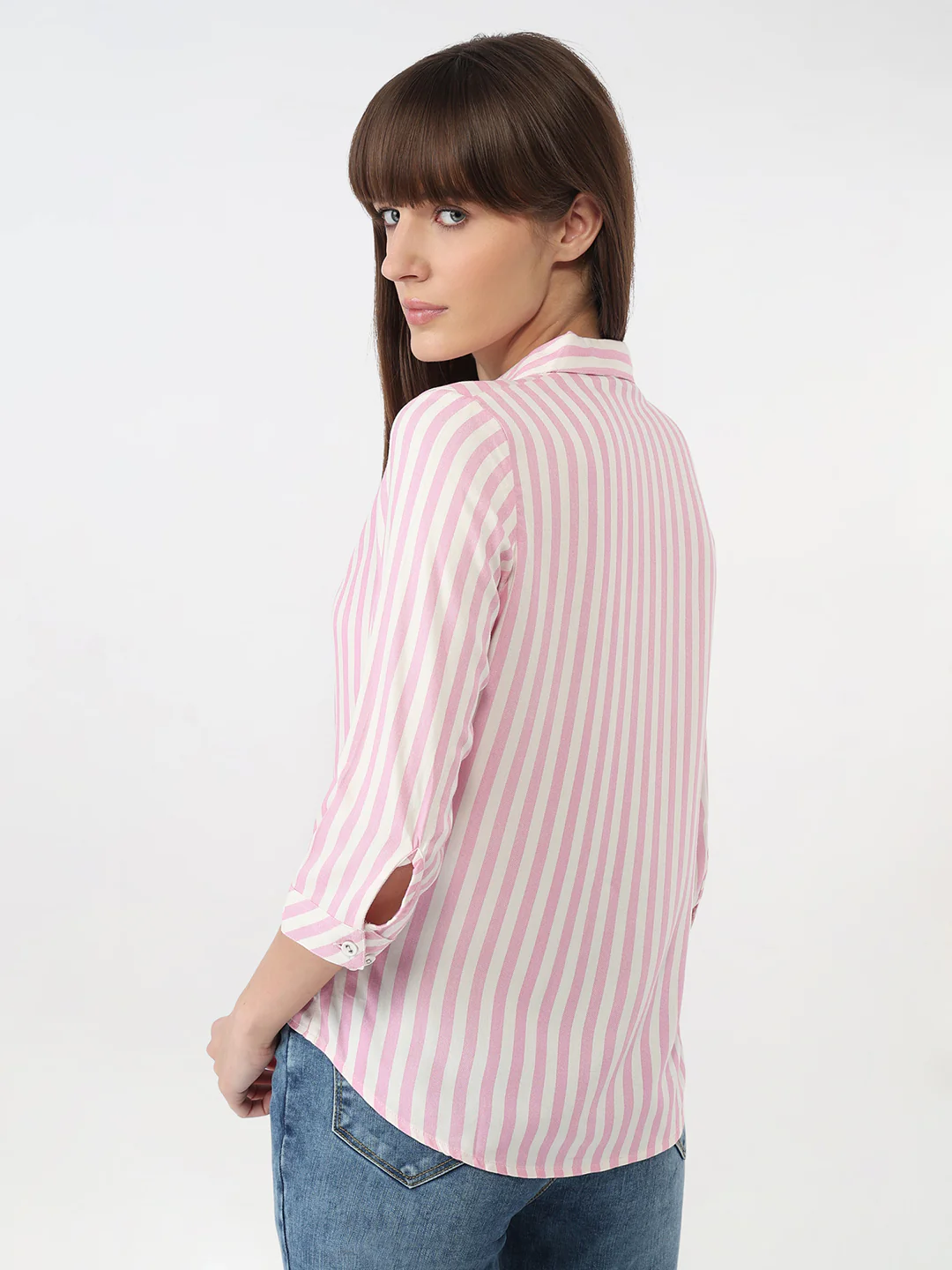 Women Pink/White Striped Slim Shirt - Image 3
