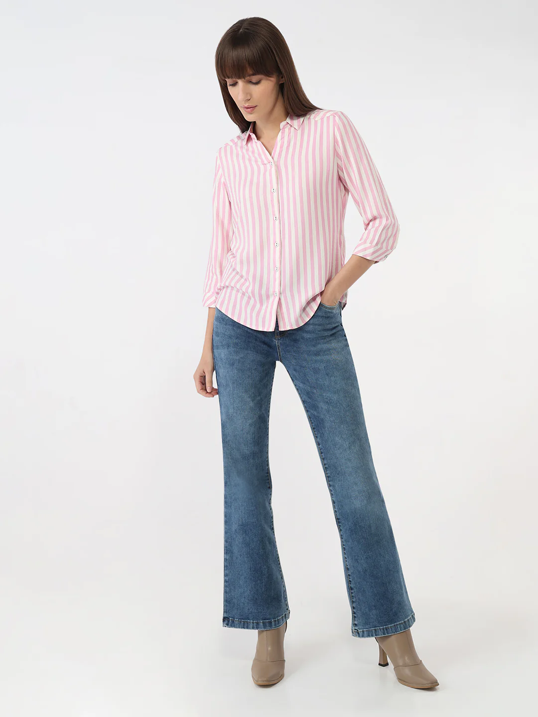 Women Pink/White Striped Slim Shirt - Image 4