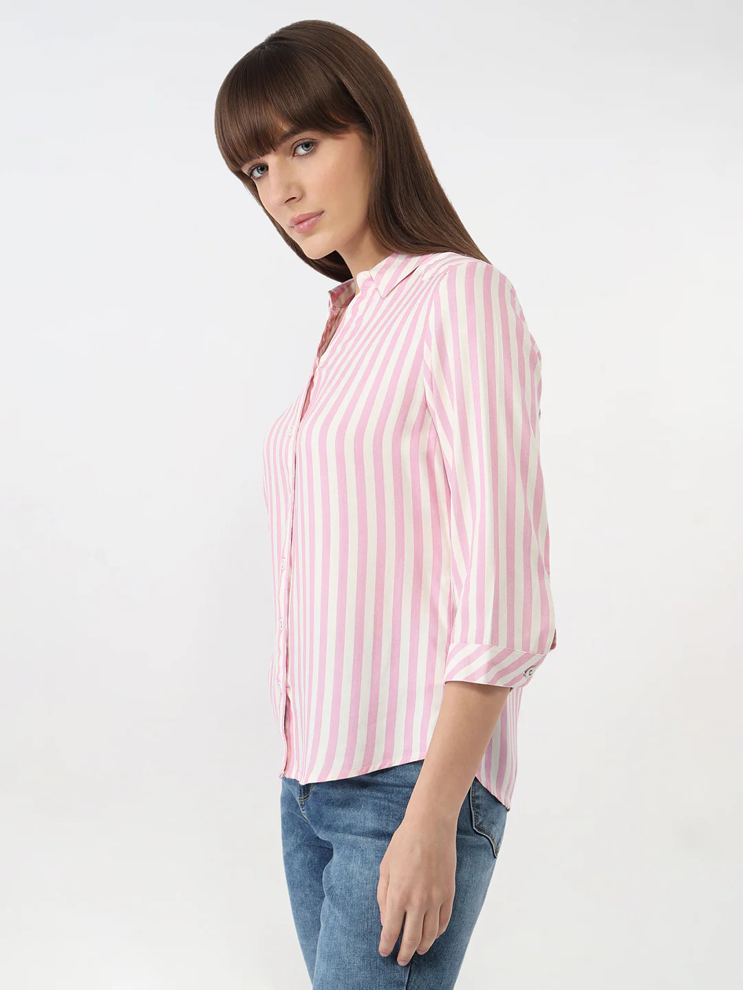 Women Pink/White Striped Slim Shirt - Image 5