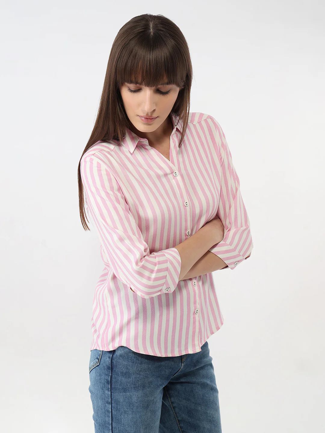 Women Pink/White Striped Slim Shirt - Image 6