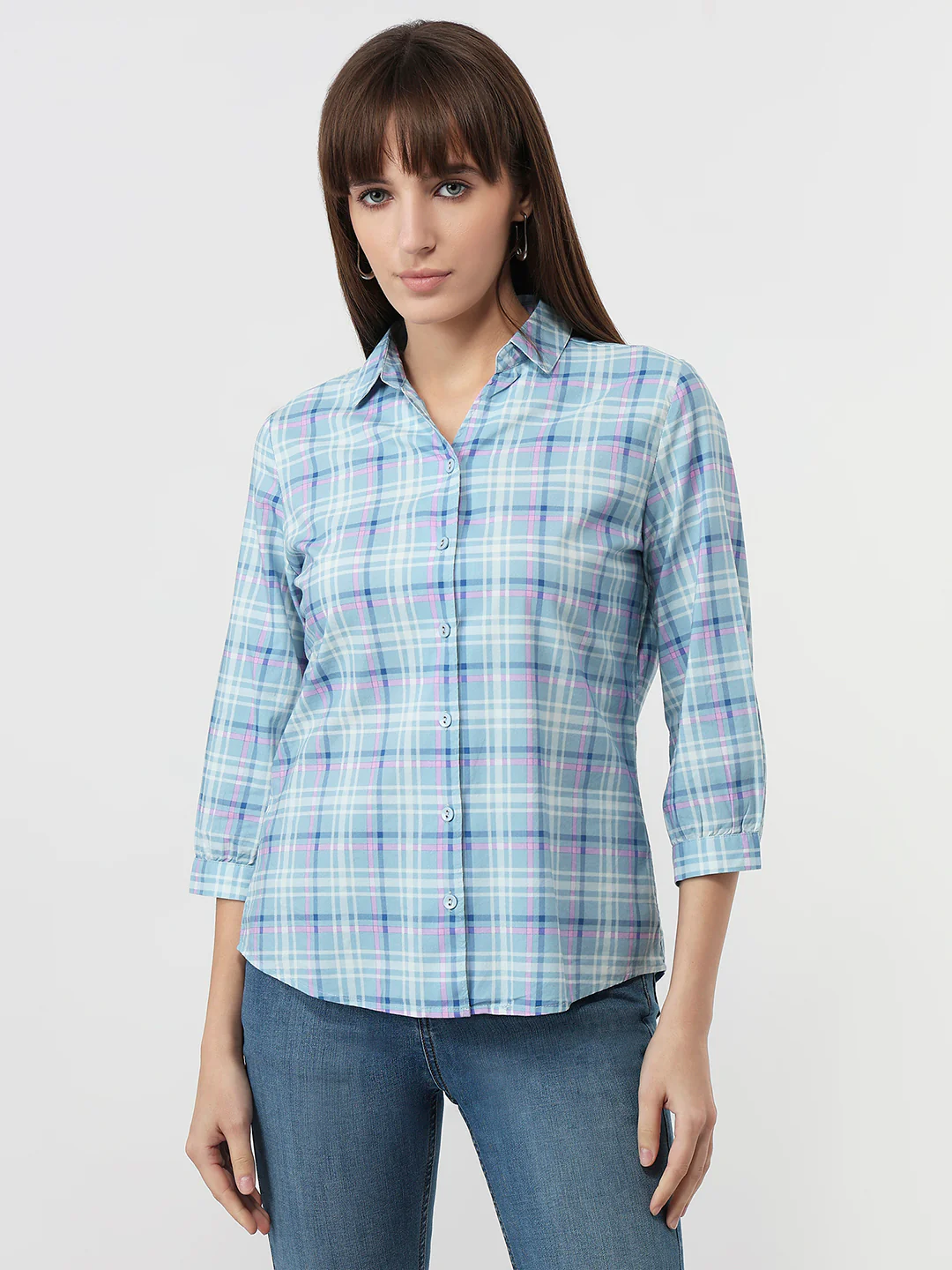 Women Powder Blue Checks Slim Fit Shirt - Image 2