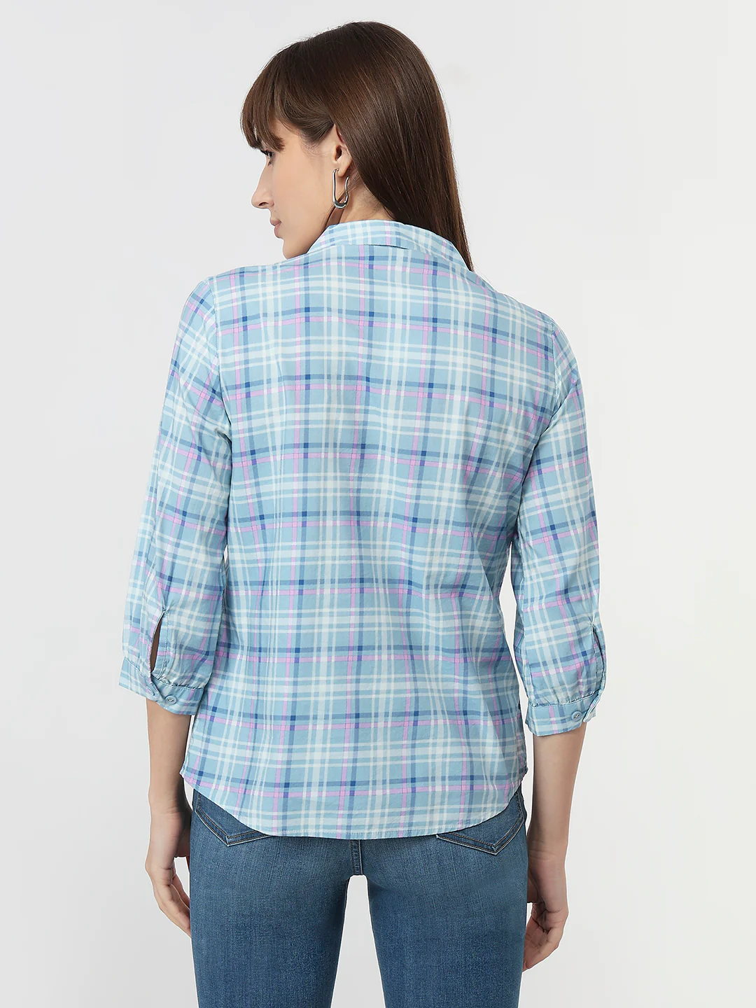 Women Powder Blue Checks Slim Fit Shirt - Image 3