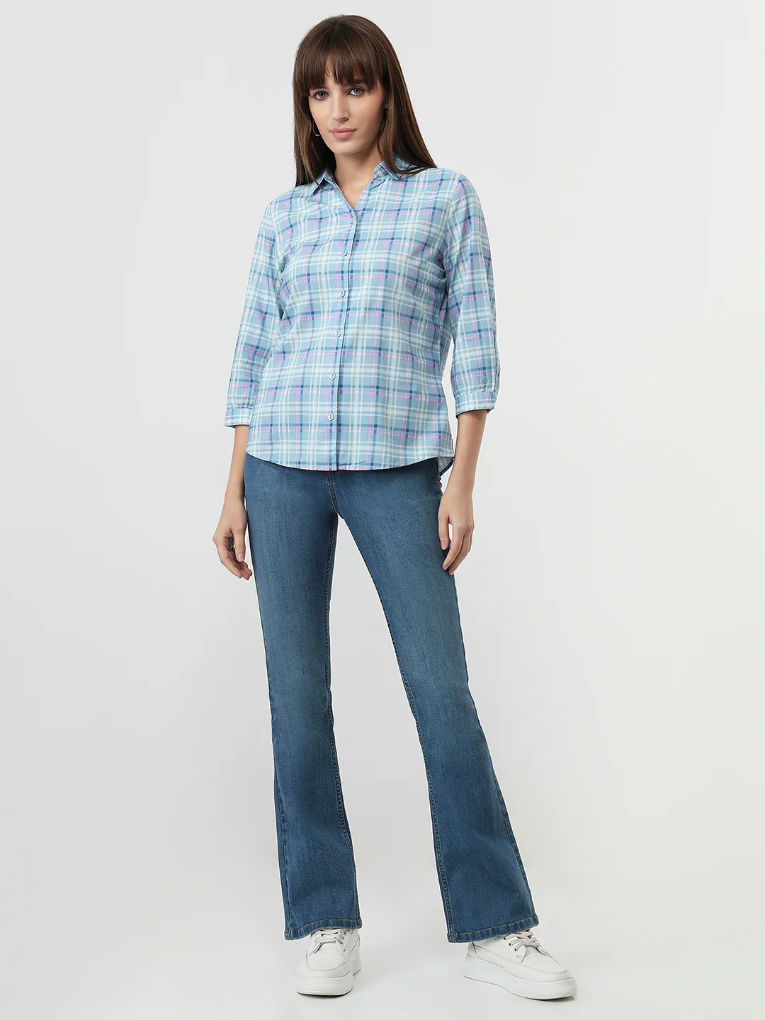 Women Powder Blue Checks Slim Fit Shirt - Image 4