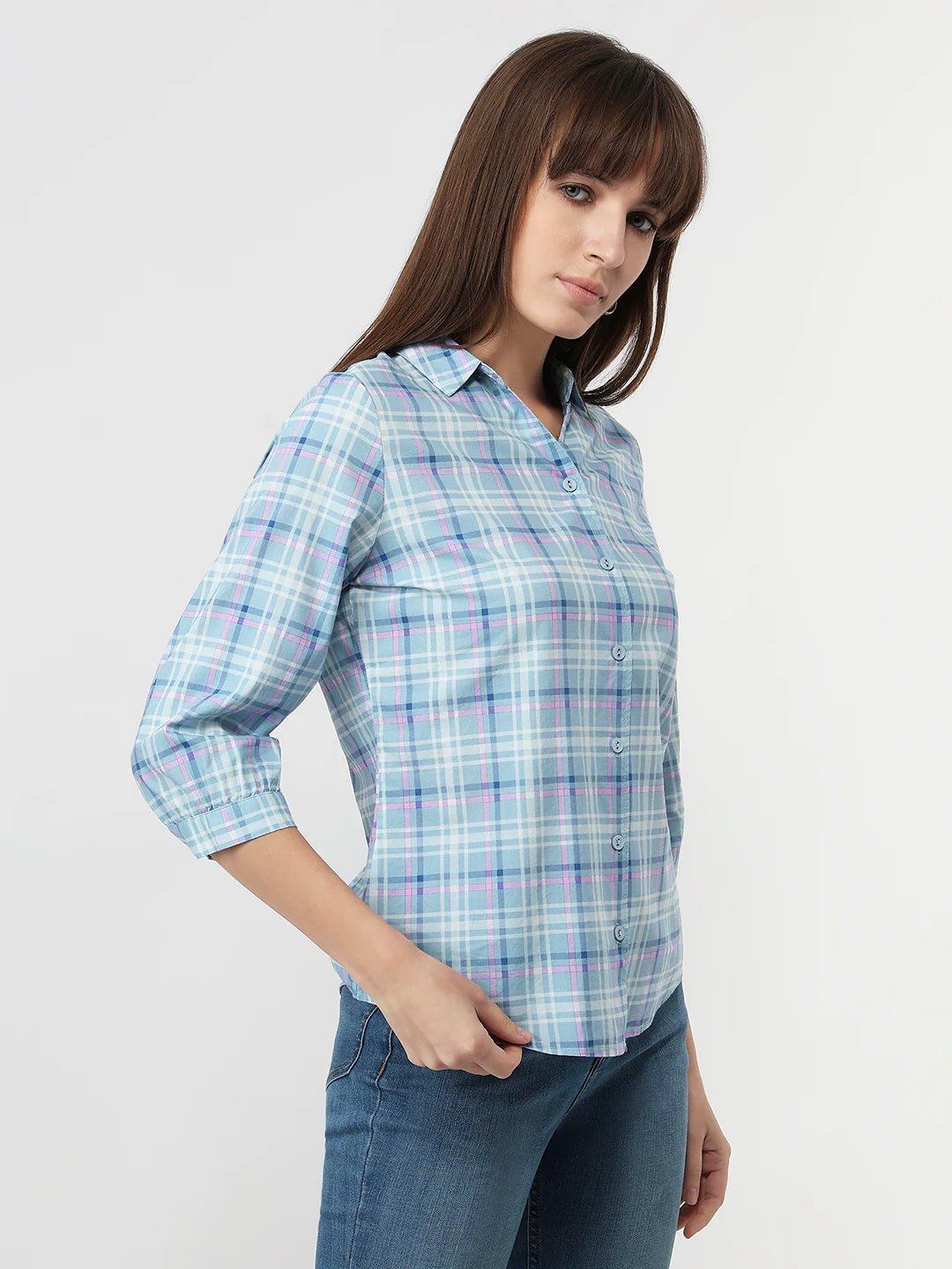Women Powder Blue Checks Slim Fit Shirt - Image 5