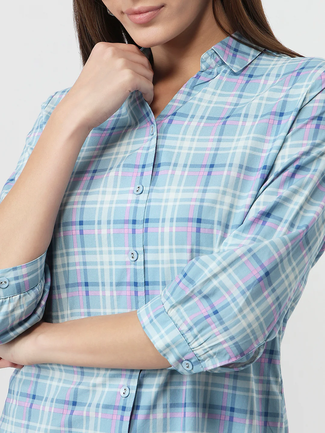 Women Powder Blue Checks Slim Fit Shirt - Image 6