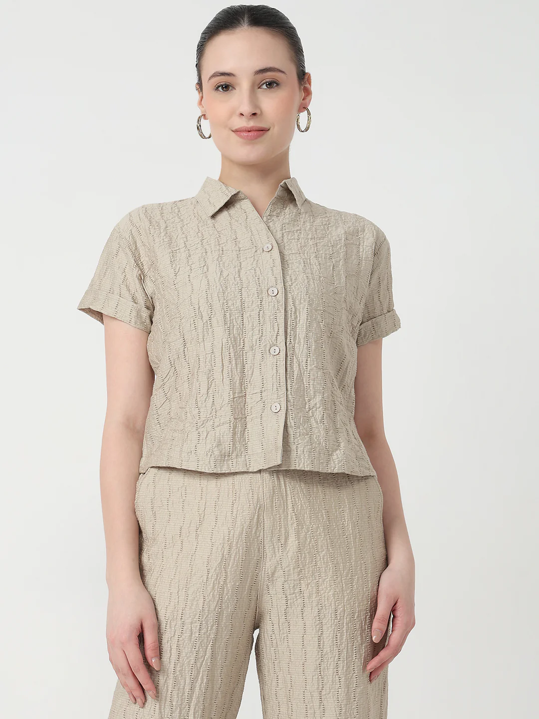 Women Pumic Stone Slim Fit Crop Shirt - Image 2