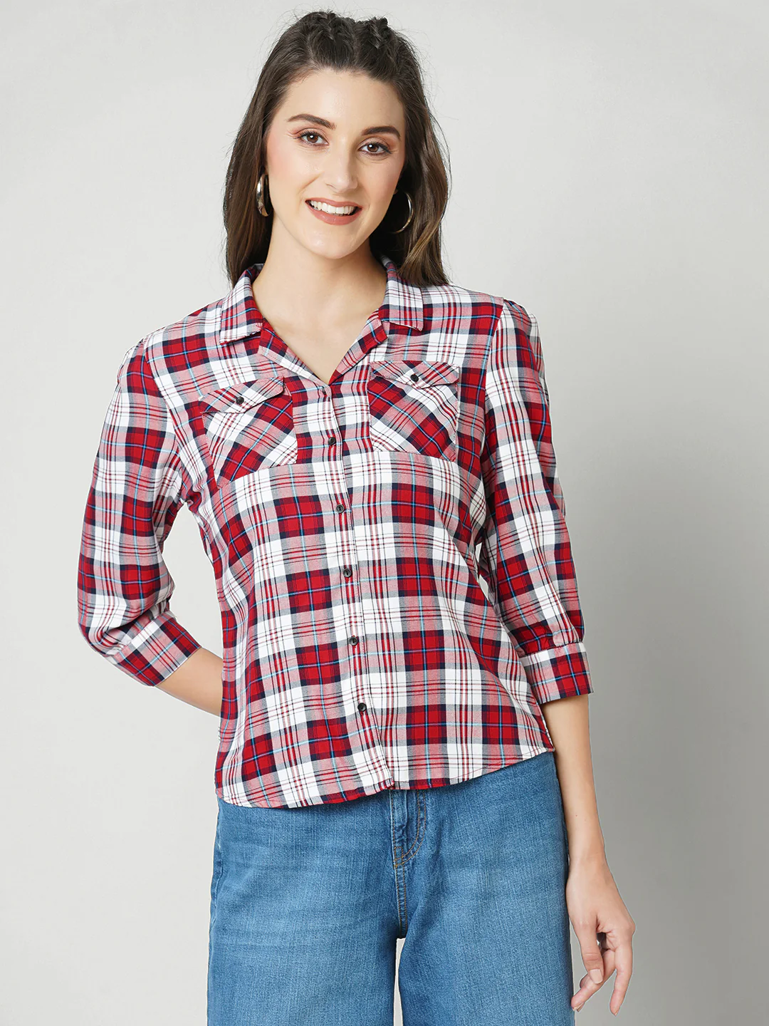 Women Red Checks Shirt - Image 2