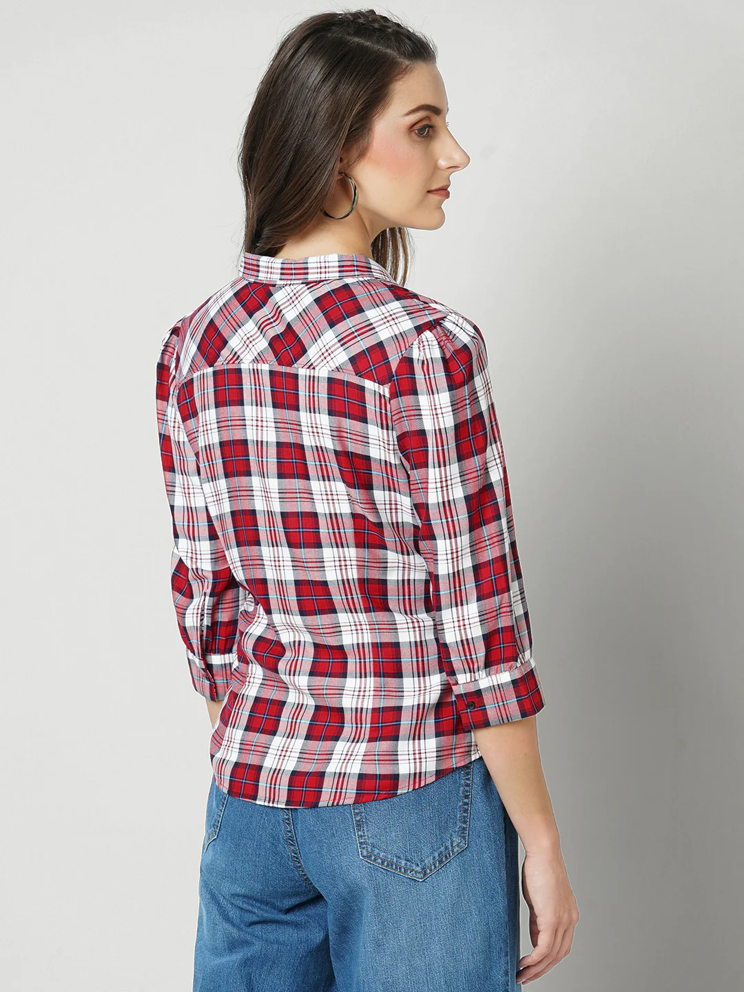Women Red Checks Shirt - Image 3