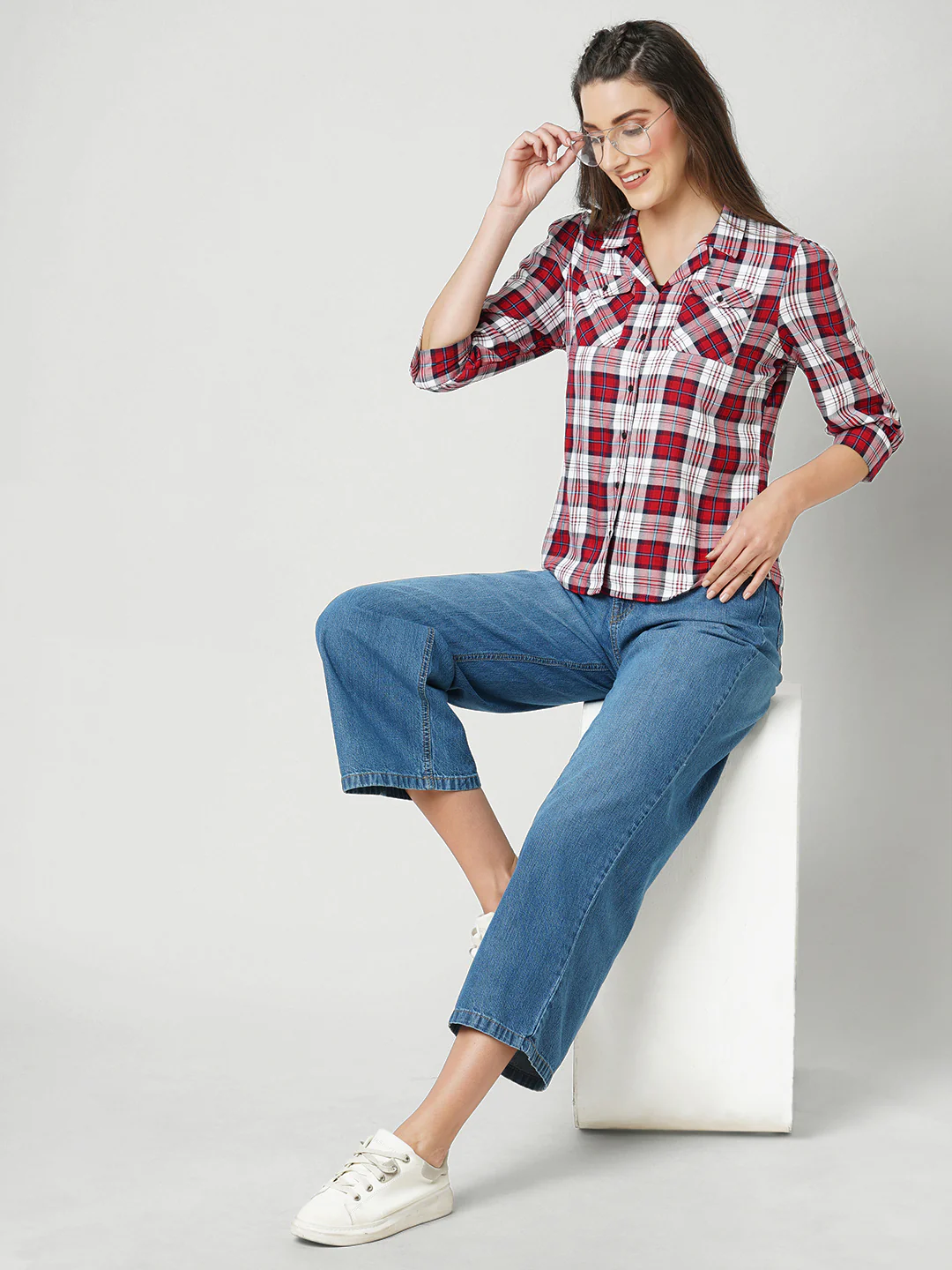Women Red Checks Shirt - Image 4