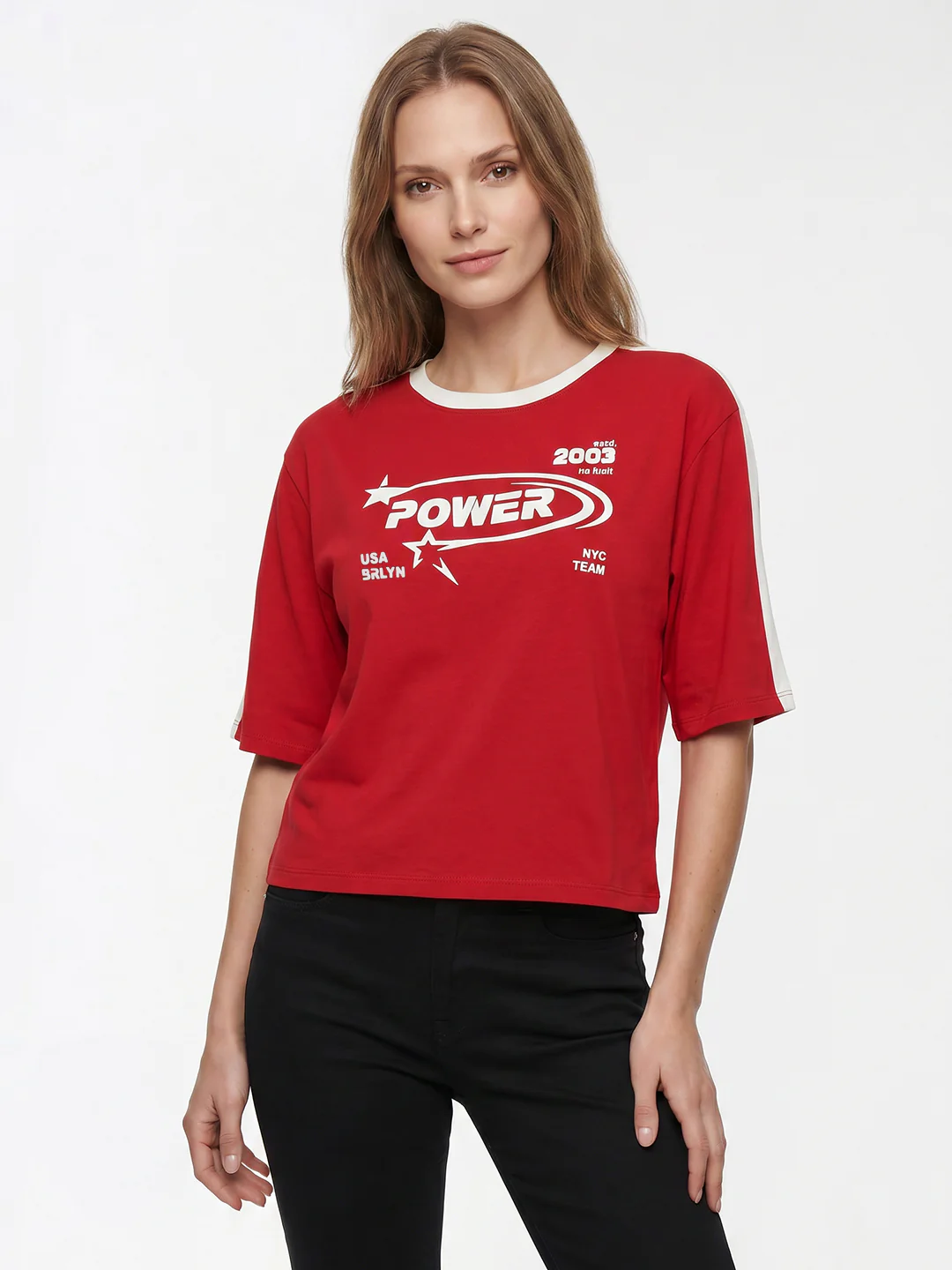 Women Red Graphic Crop Genz Tees - Image 2