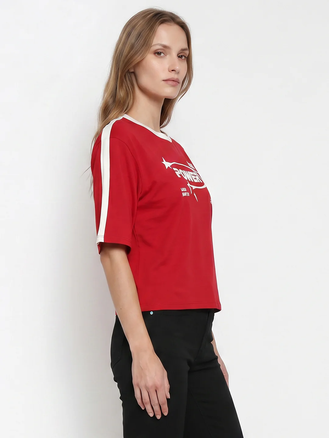Women Red Graphic Crop Genz Tees - Image 5