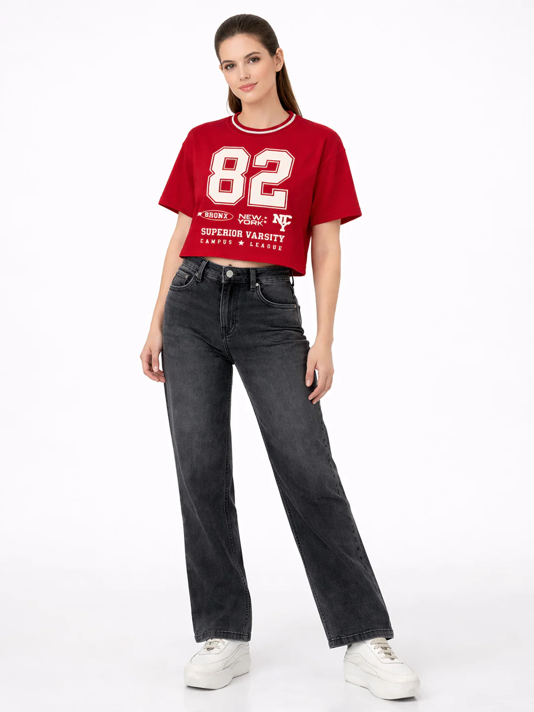 Women Red Graphic Crop Tees