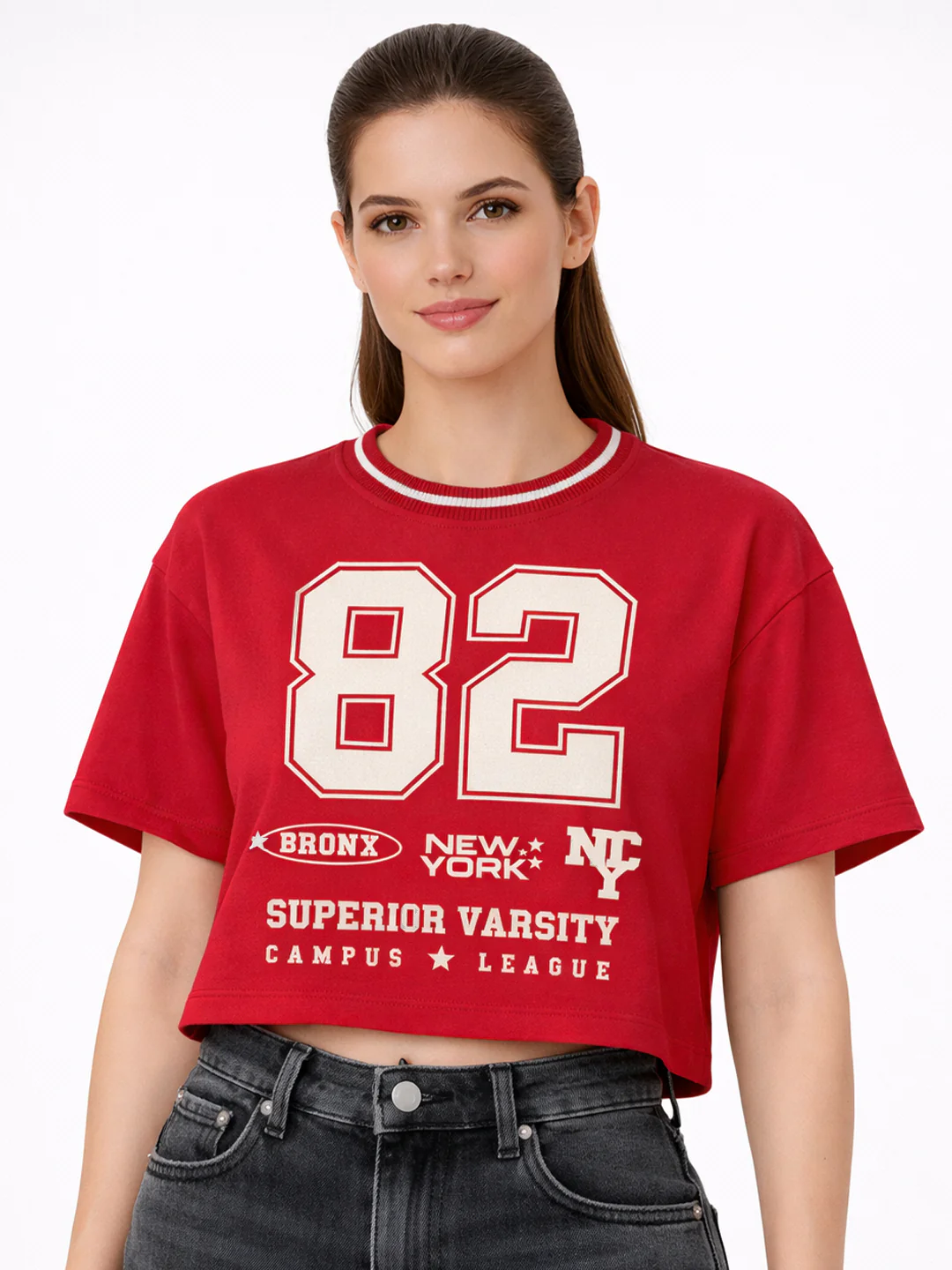 Women Red Graphic Crop Tees - Image 2