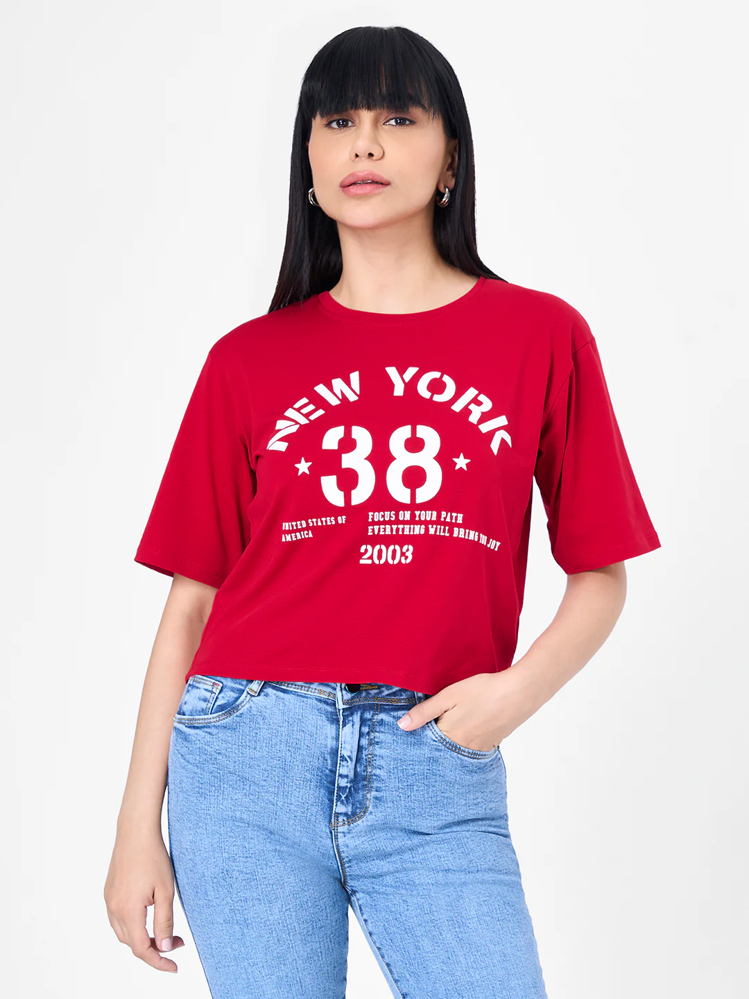 Women Red Graphic Slim Fit Crop T-Shirt - Image 2