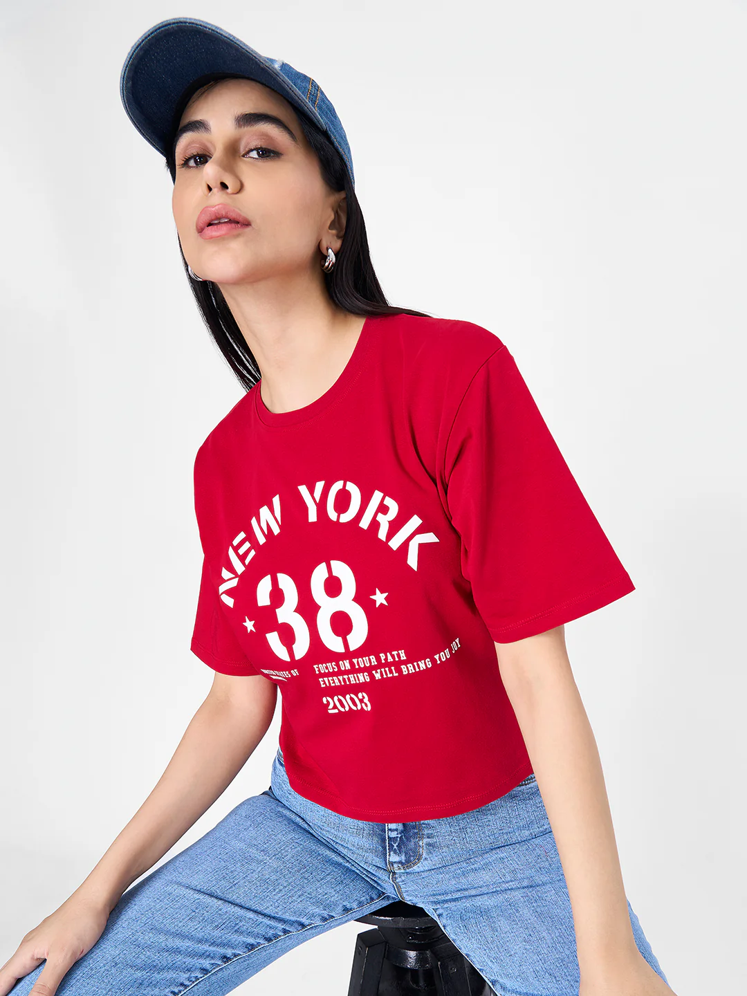 Women Red Graphic Slim Fit Crop T-Shirt - Image 4