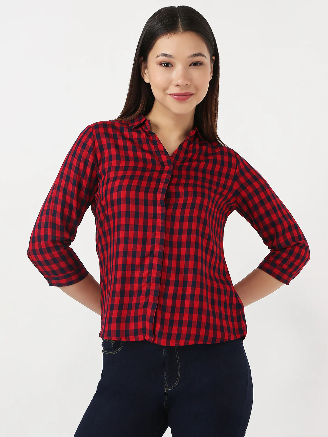 Women Red & Navy Slim Checks Shirt - Image 2