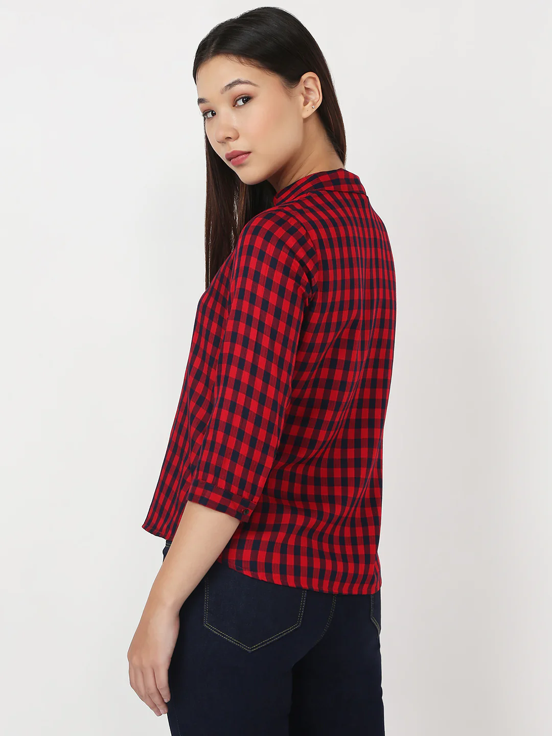 Women Red & Navy Slim Checks Shirt - Image 3